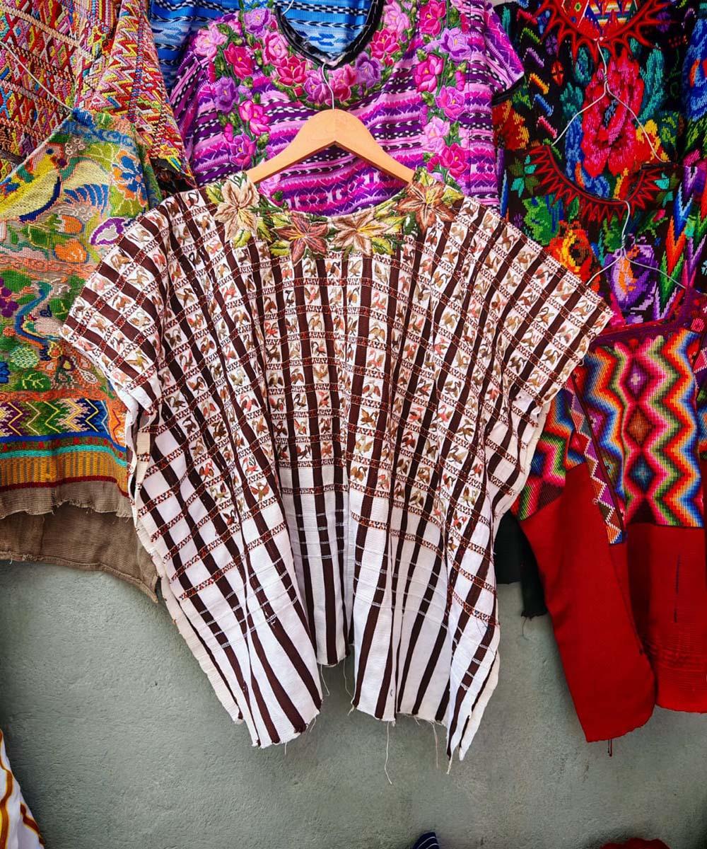 Brown & White Santiago Huipil with Tiny Birds