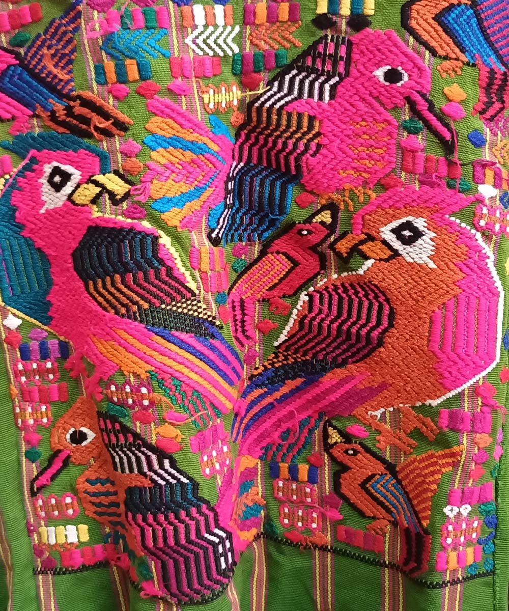 Pink & Green Chichi huipil with parrots