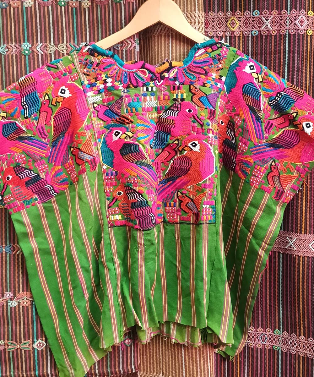 Pink & Green Chichi huipil with parrots