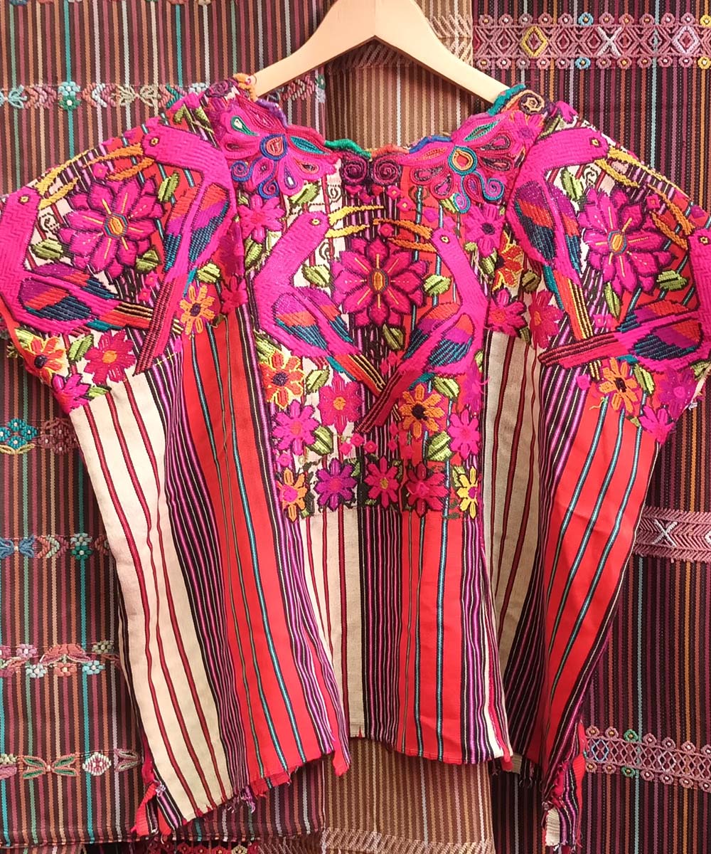 Pink & Red Chichi huipil with parrots