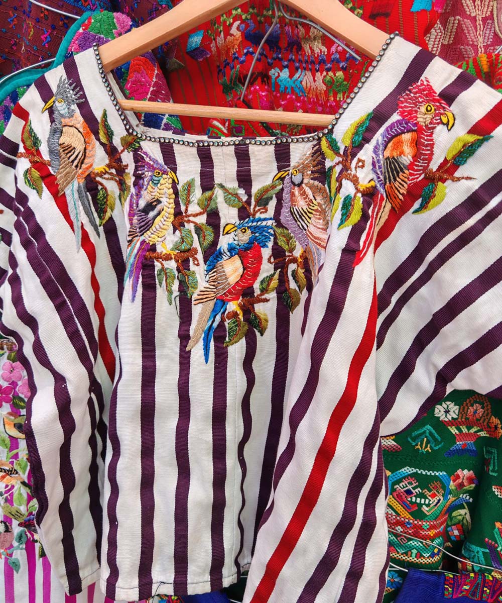 Burgundy & White Santiago huipil with birds