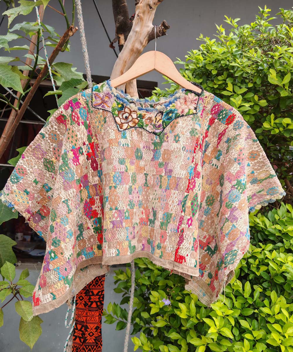 Beige and Red Coban Huipil with Floral Neckline