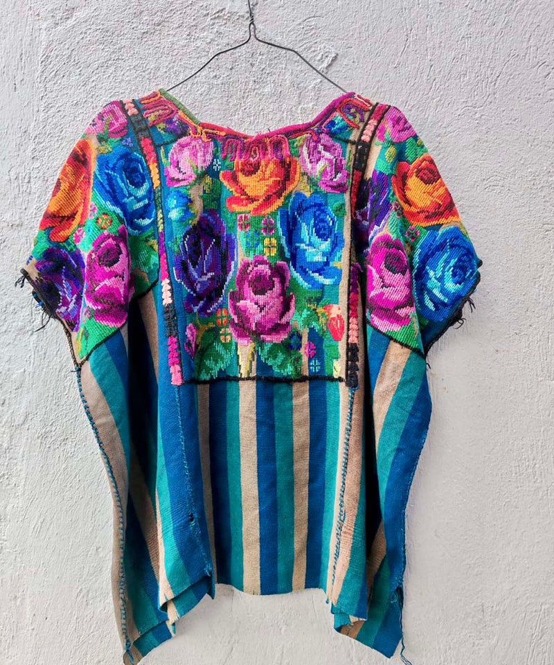 Blue Striped Chichi Huipil with Roses
