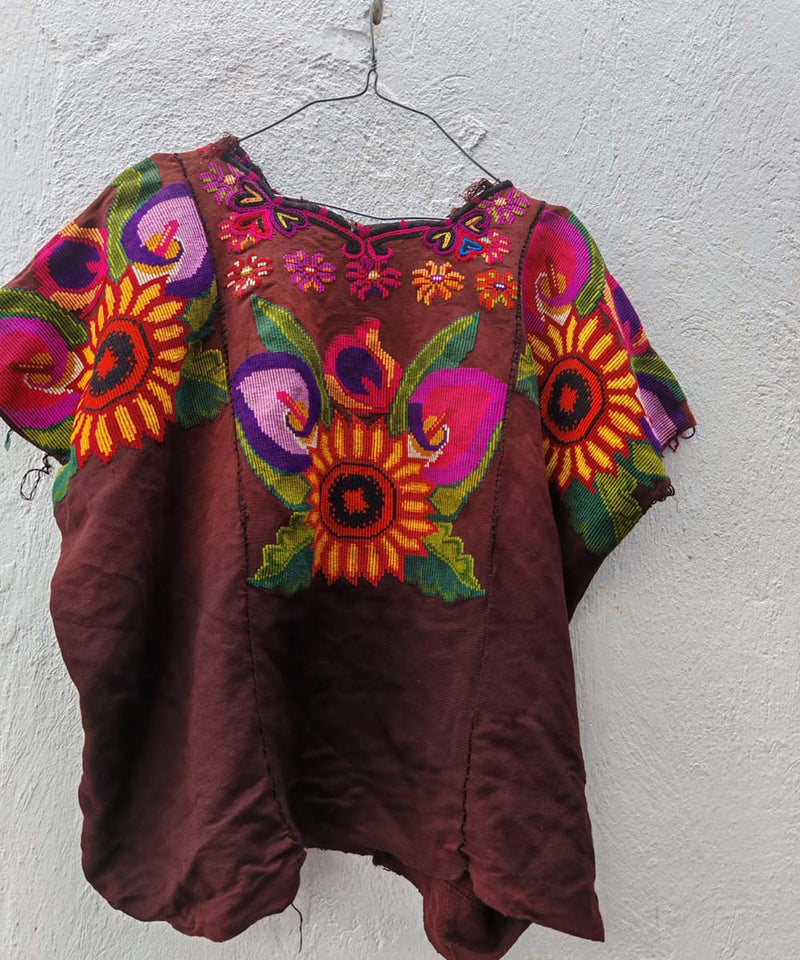 Brown Chichi Huipil with Sunflowers