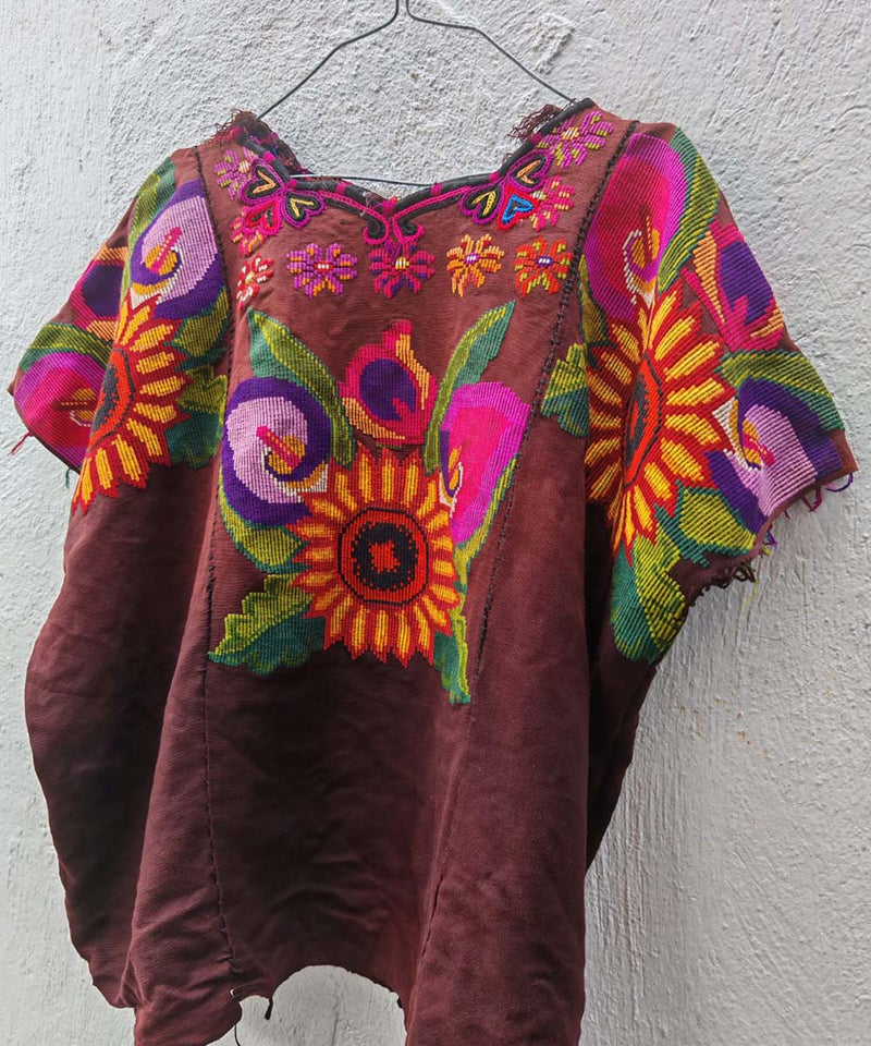 Brown Chichi Huipil with Sunflowers