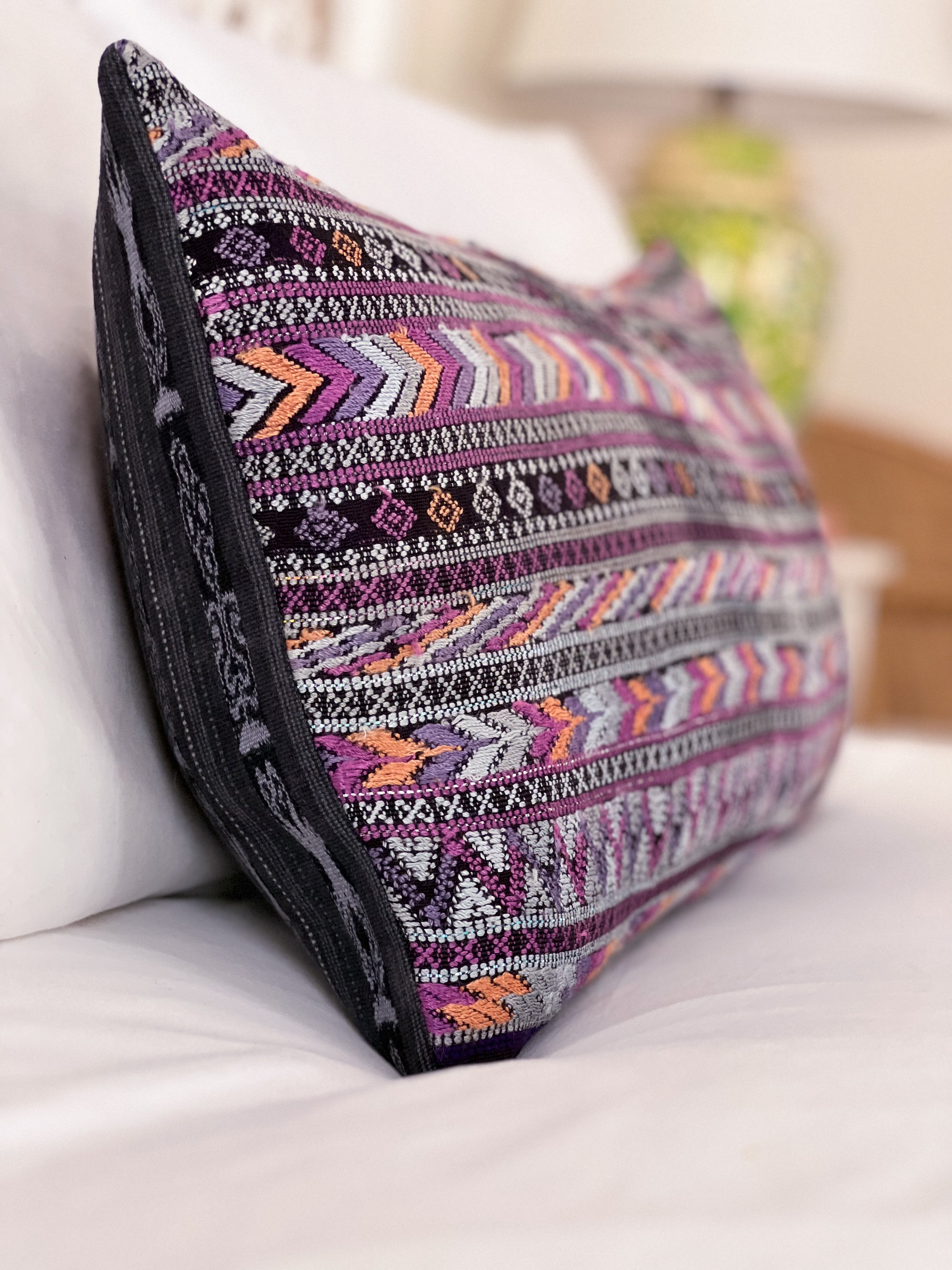 Embroidered Guatemalan huipil textile repurposed into a pillow