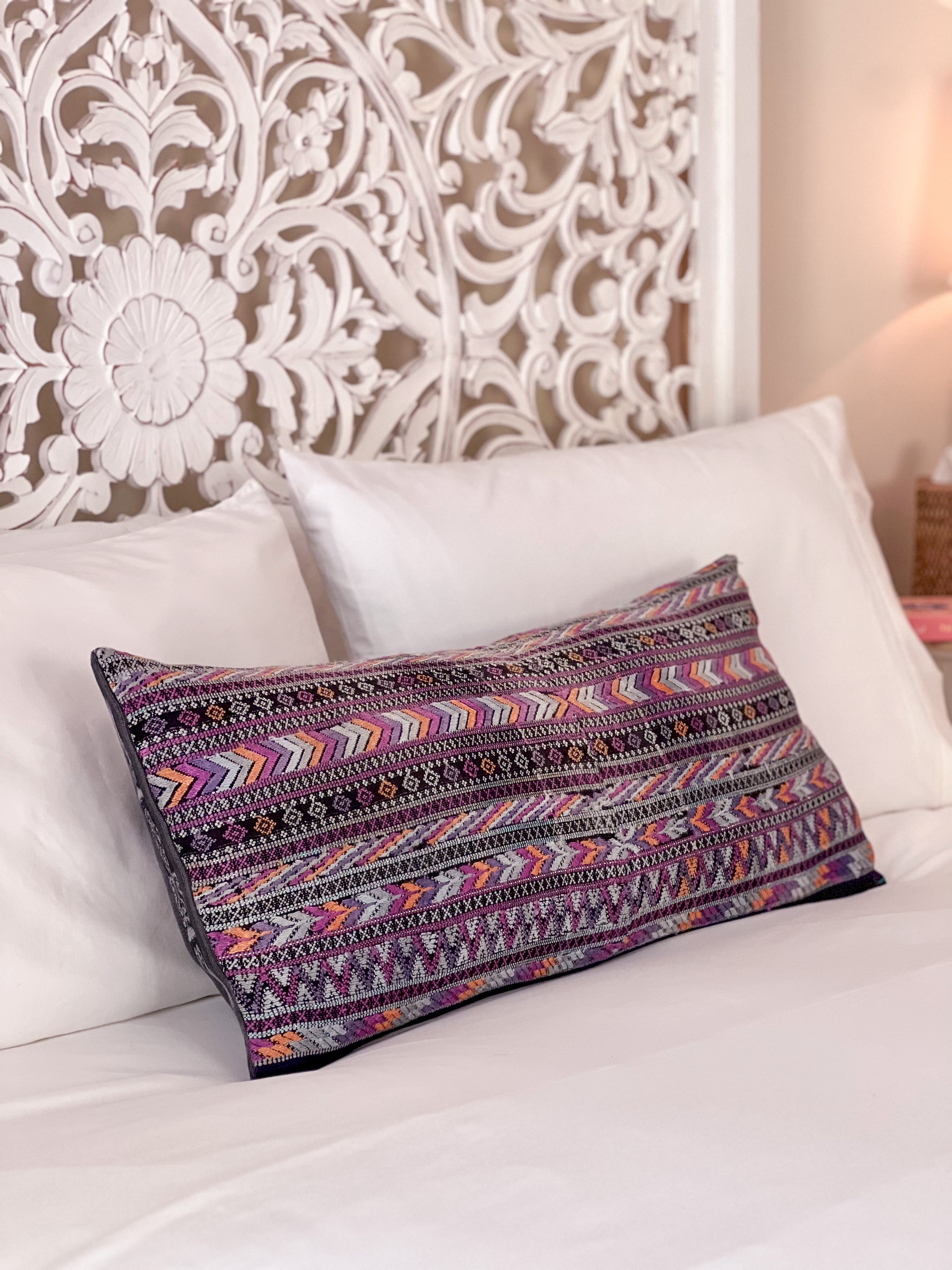 Embroidered Guatemalan huipil textile repurposed into a pillow