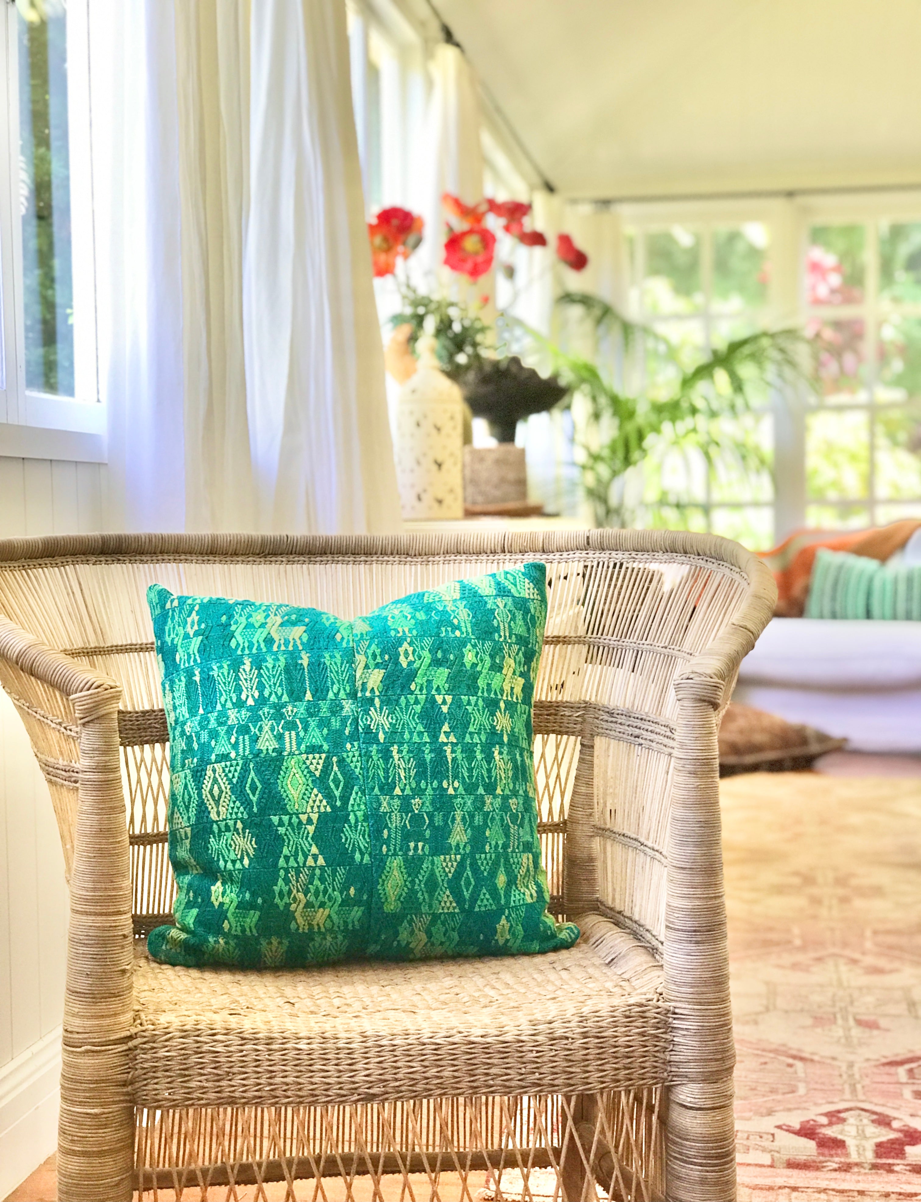 Guatemalan embroidered huipil pillow. Green Coban.