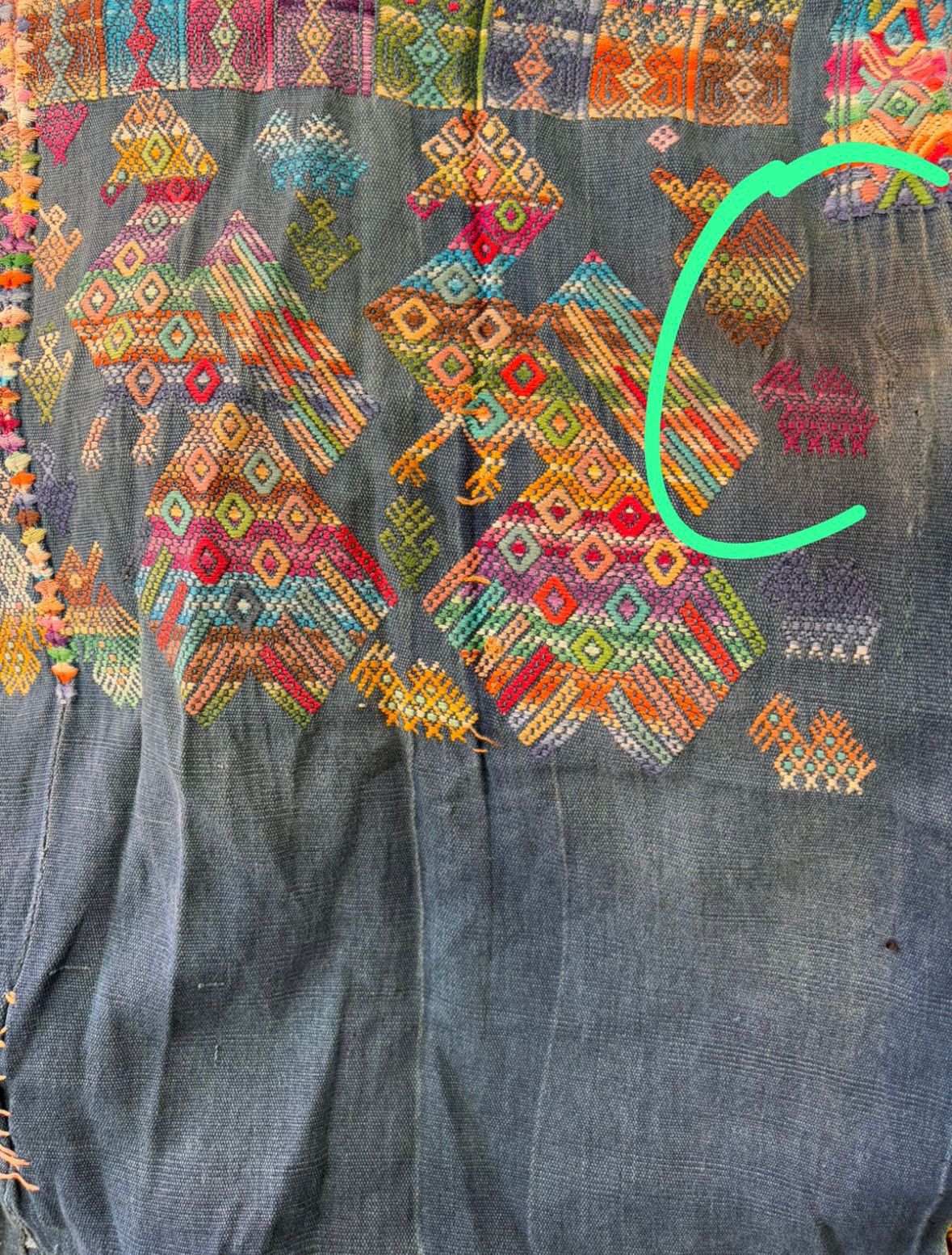 Indigo Nahuala huipil with colorful peacocks