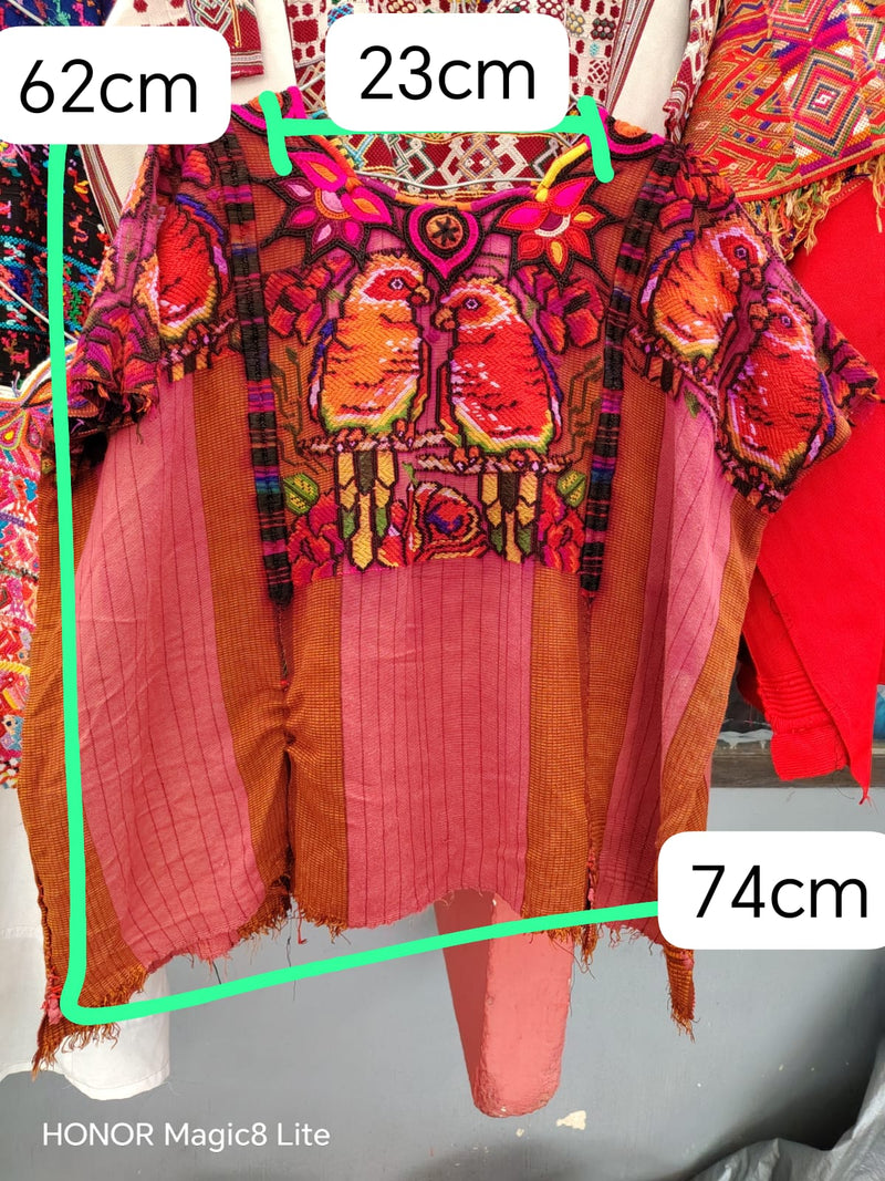 Pink and orange parrots Chichicastenango huipil #6-105