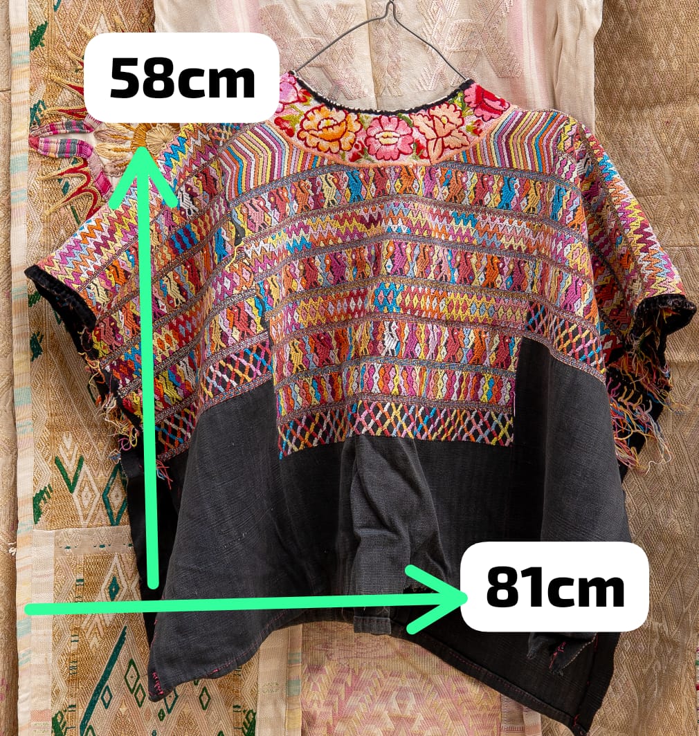 Colourful on black San Juan Cotzal huipil #4-148