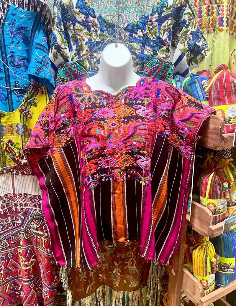 Silk Bird on Bold Stripes Chichicastenango Huipil #6-348