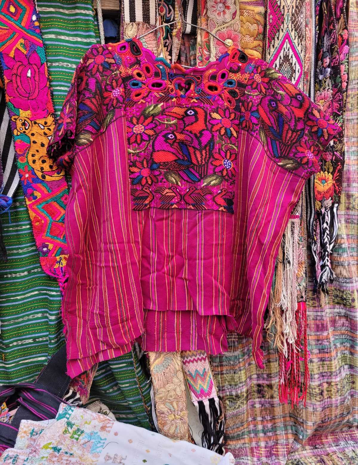 Pink parrots Chichicastenango huipil #2-91