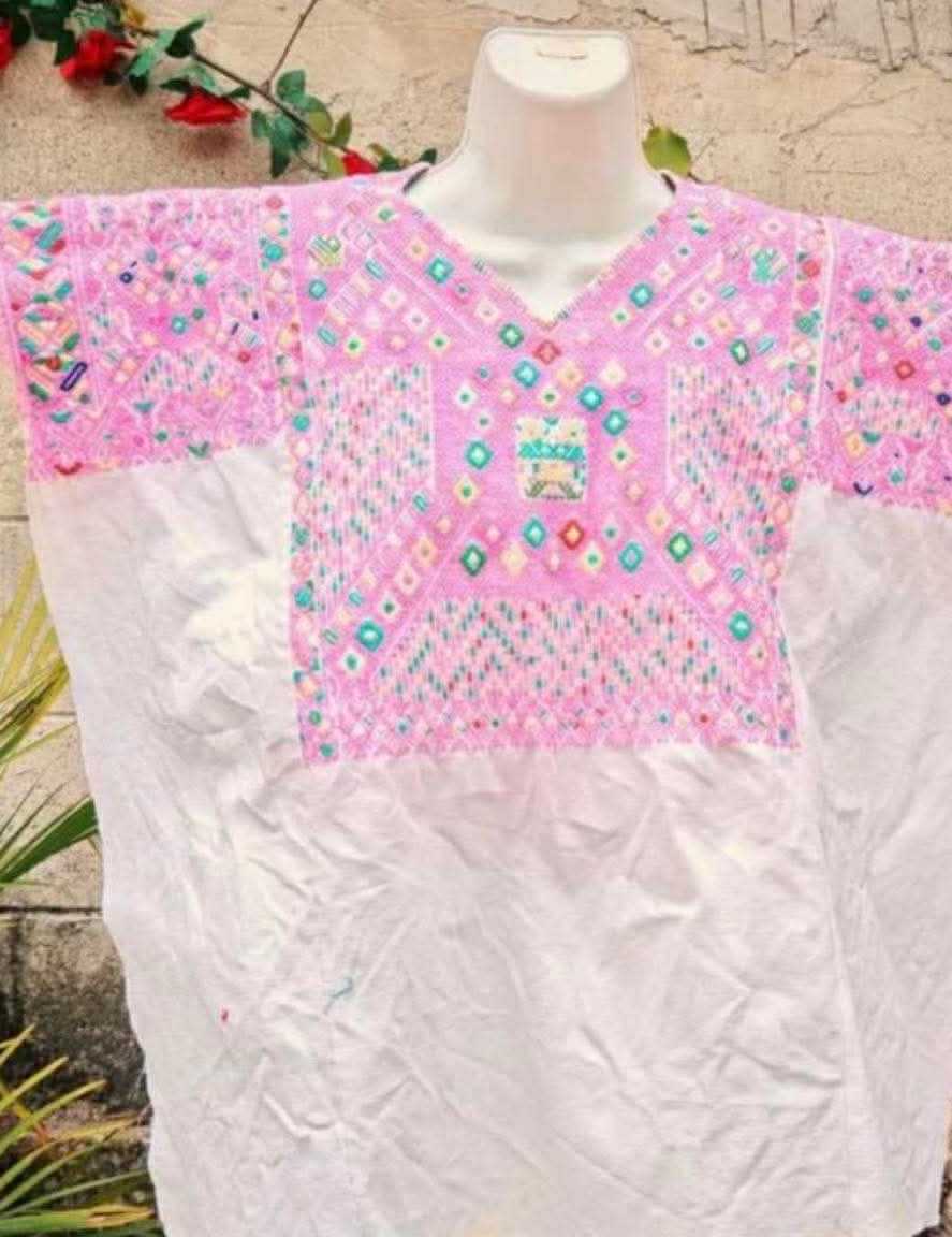 (Reserved for Myriam) Pink and White Nahuala Huipil #6-334