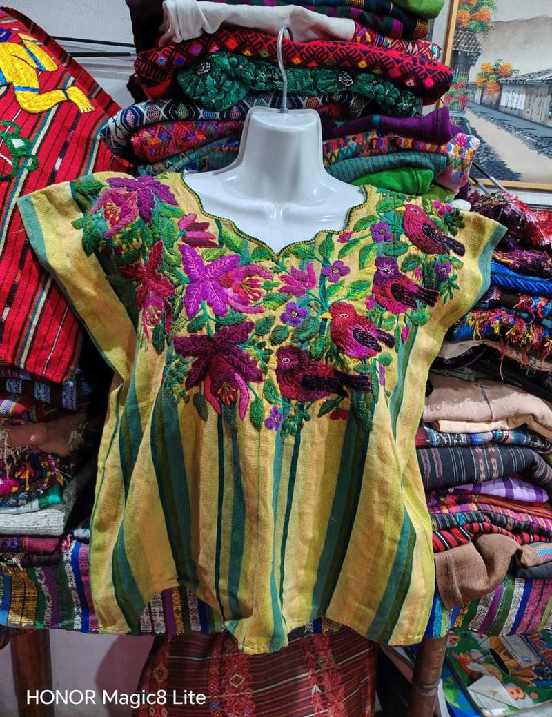 Yellow, berry and green Santiago huipil #5-416