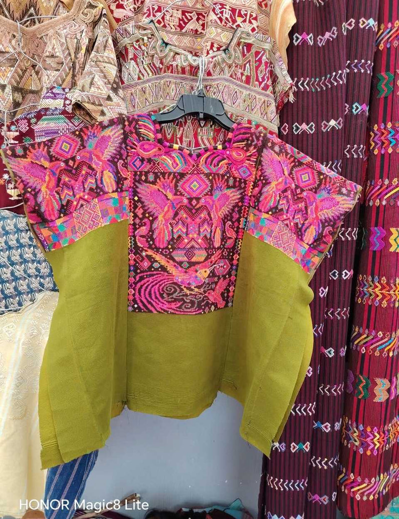 Pink and olive green Chichicastenango huipil #5-314