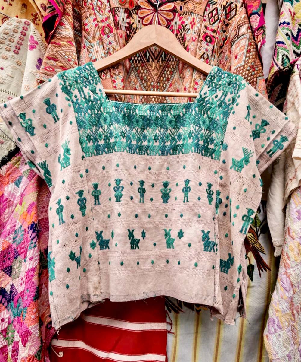 Beige and green Coban Huipil