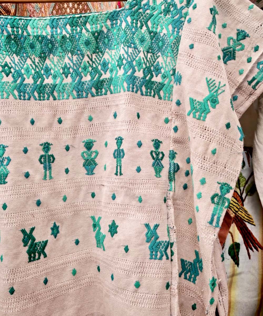 Beige and green Coban Huipil