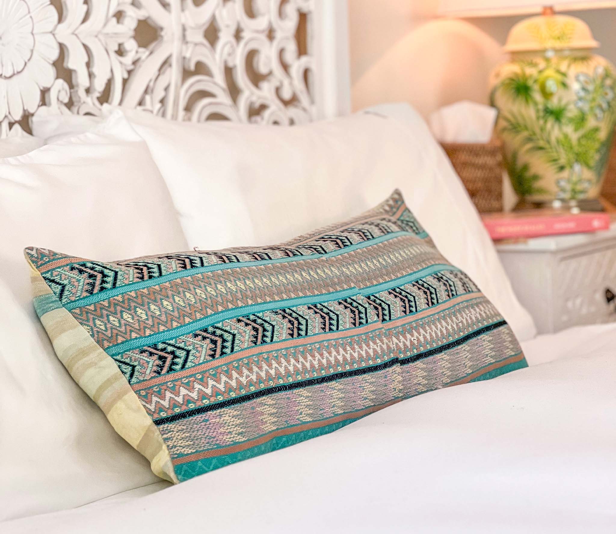 Embroidered Guatemalan huipil textile repurposed into a pillow