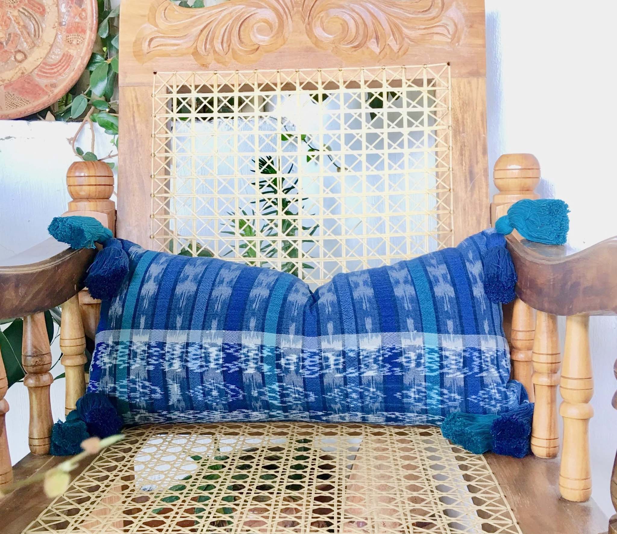 Blue Ikat Pillow with Tassels