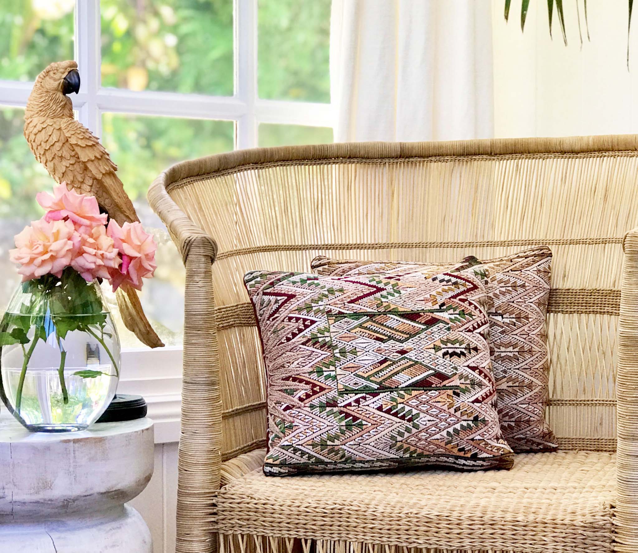 Guatemalan embroidered huipil pillow. Geometric Chichicastenango.