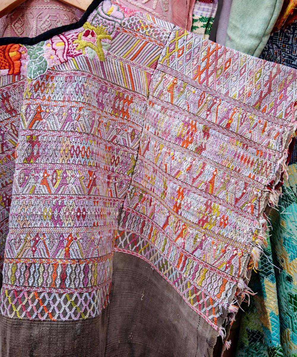 San Juan Cotzal huipil in taupe and pink