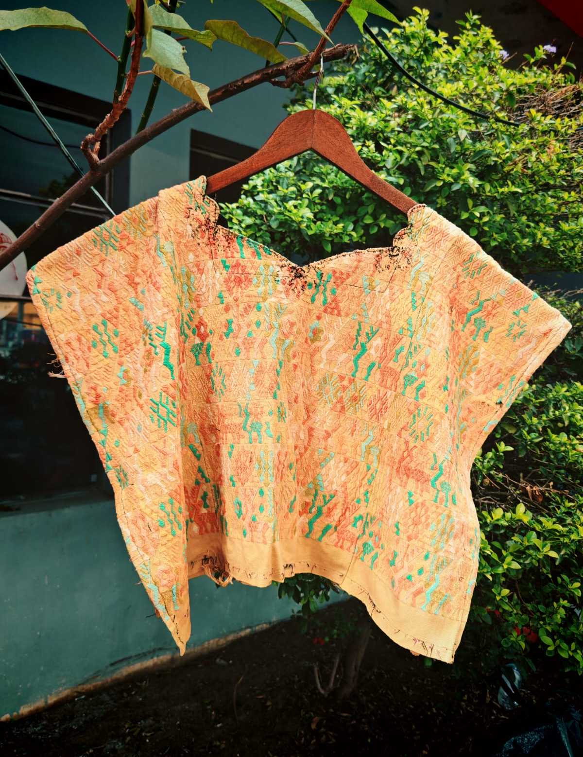 (Reserved for Inge) Buttermilk and turquoise Coban huipil #5-198