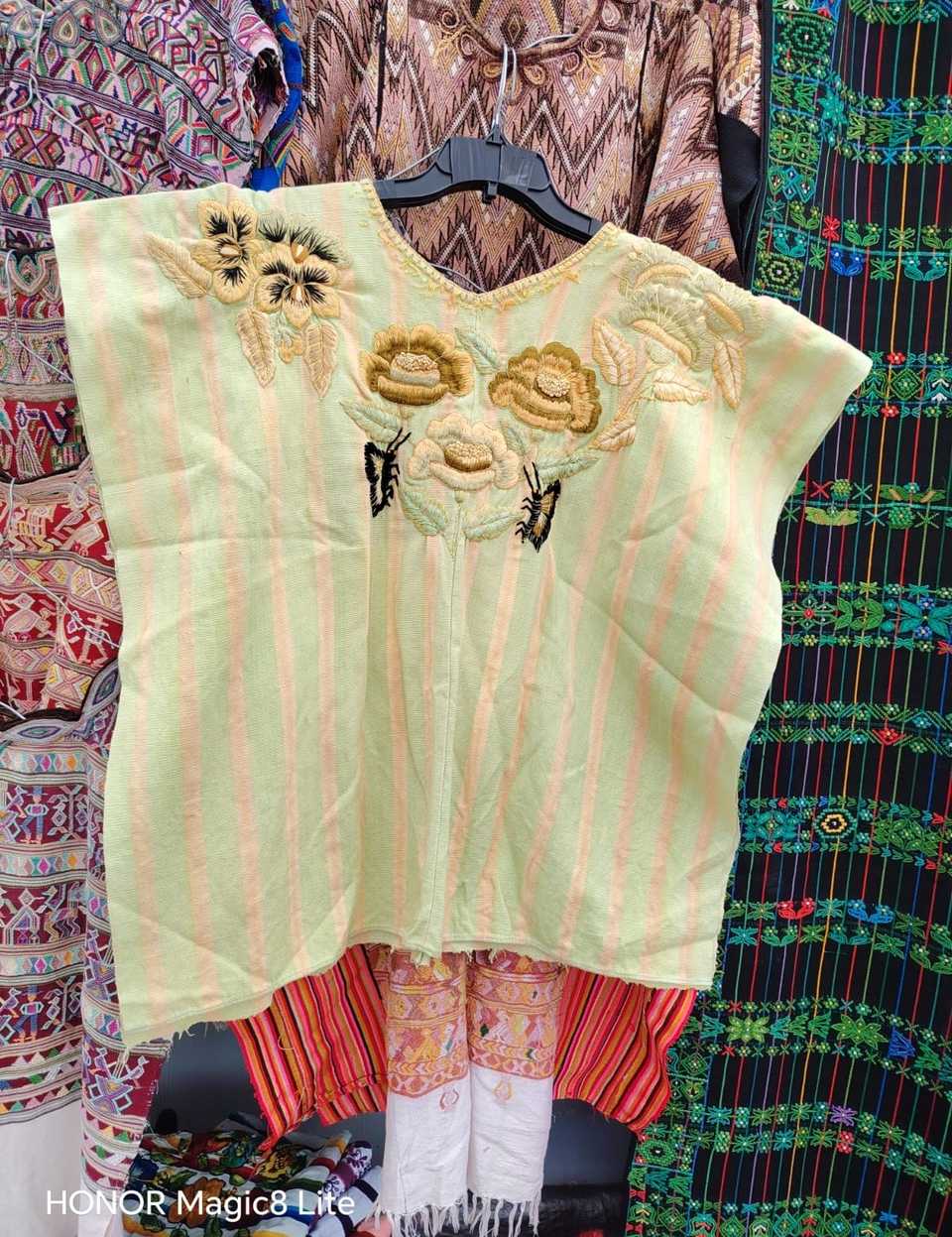 Pale green and coral Santiago huipil #5-282