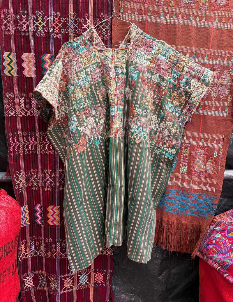 Grey and green striped Nahuala huipil #5-391
