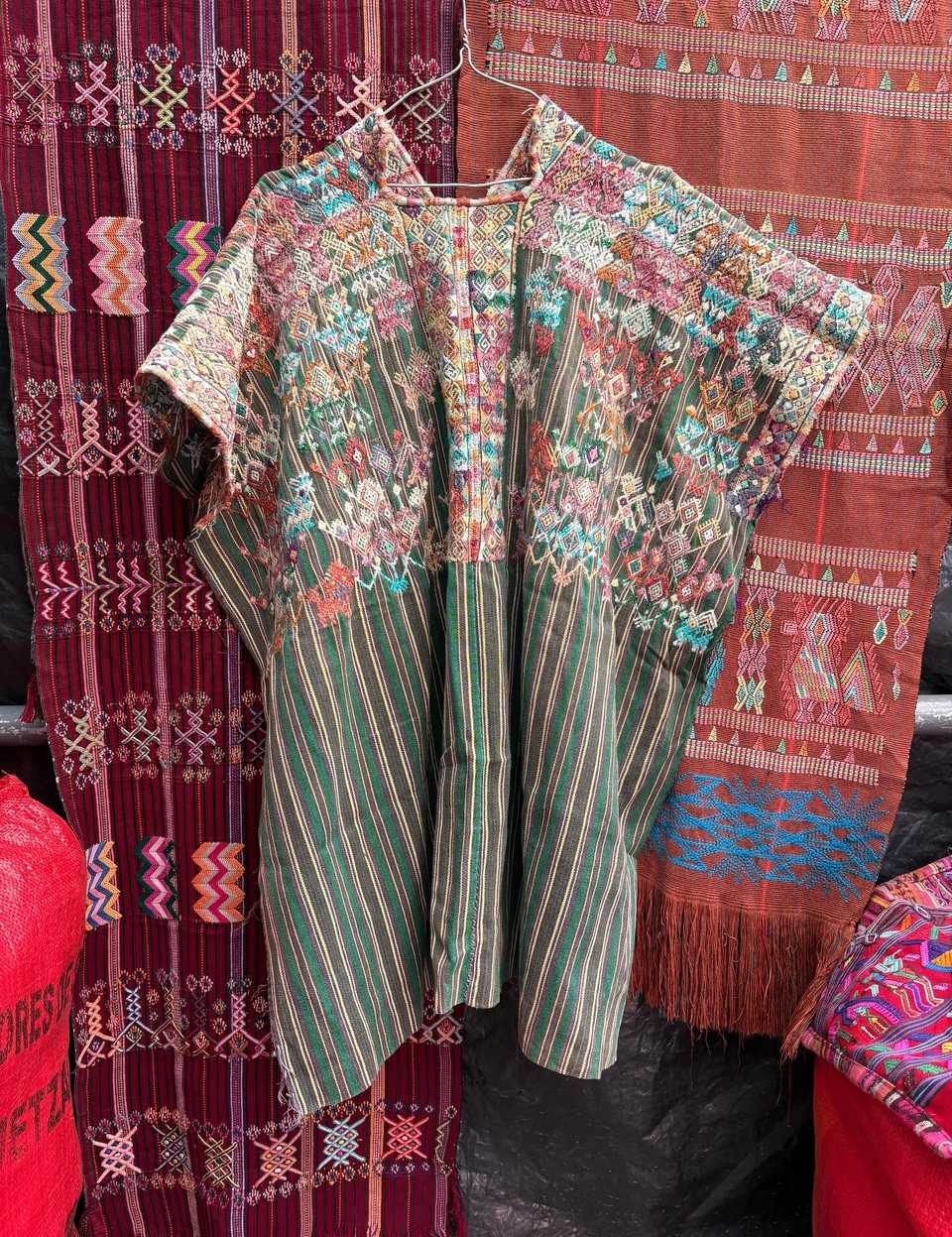 Grey and green striped Nahuala huipil #5-391