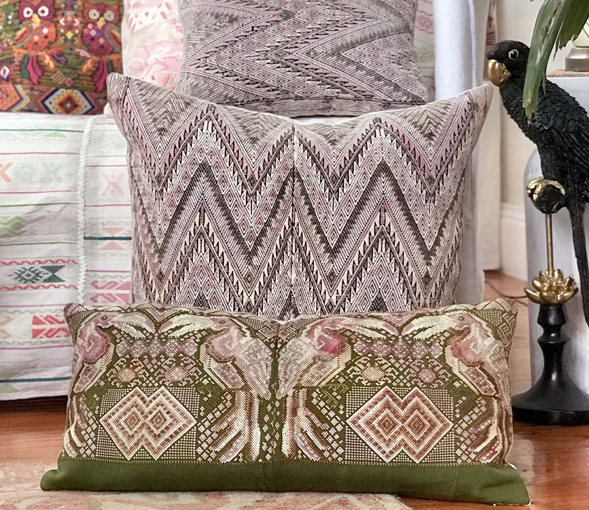 Guatemalan embroidered huipil pillow. Geometric tribal symbols for bohemian decor.