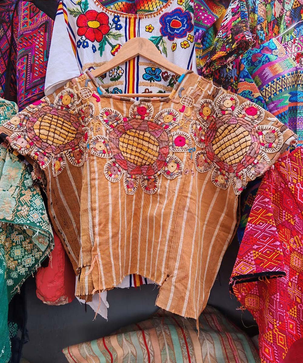 Caramel striped huipil with abstract embroidery