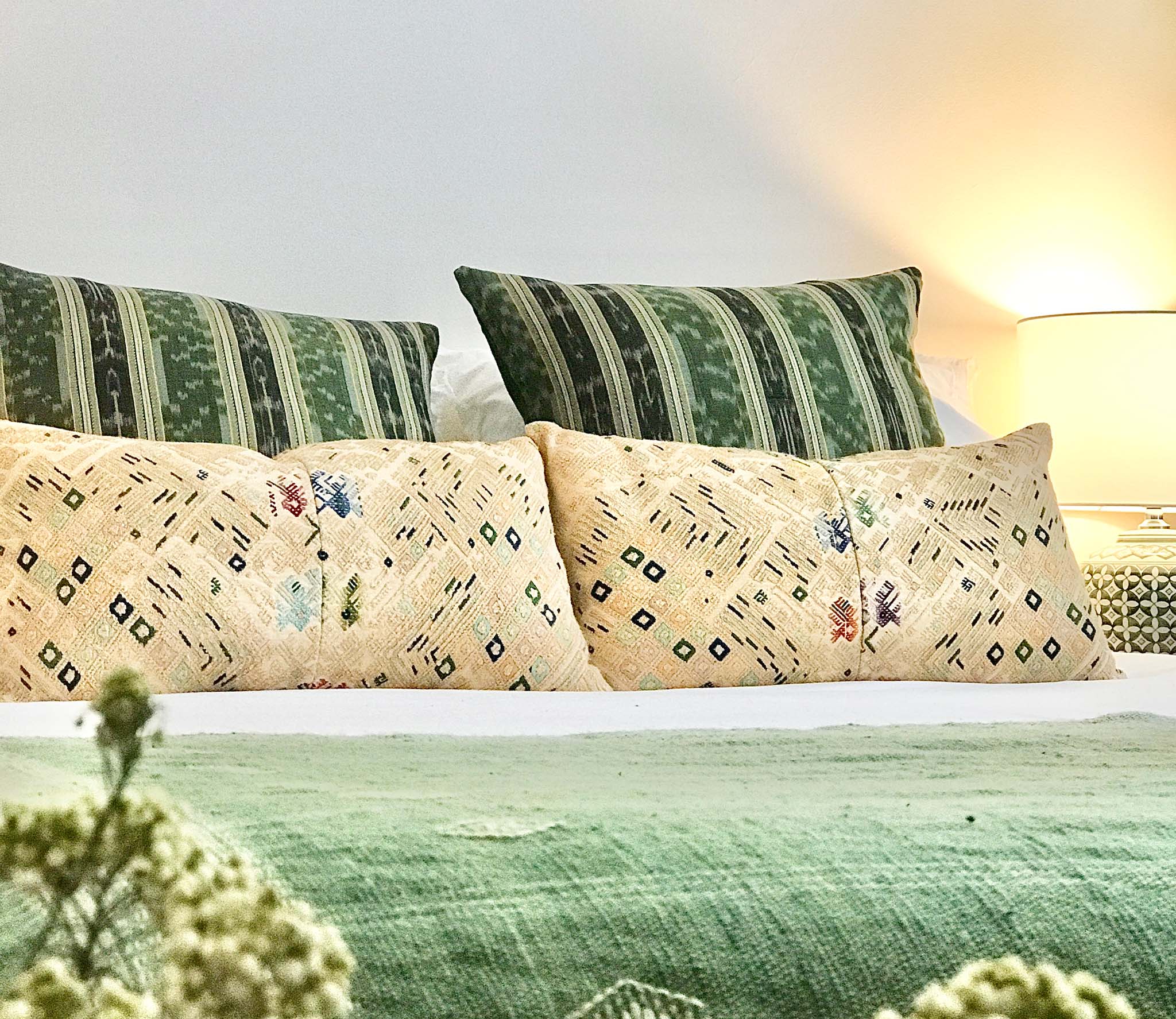 Guatemalan embroidered huipil pillow. Geometric chevron design in bold fuchsia