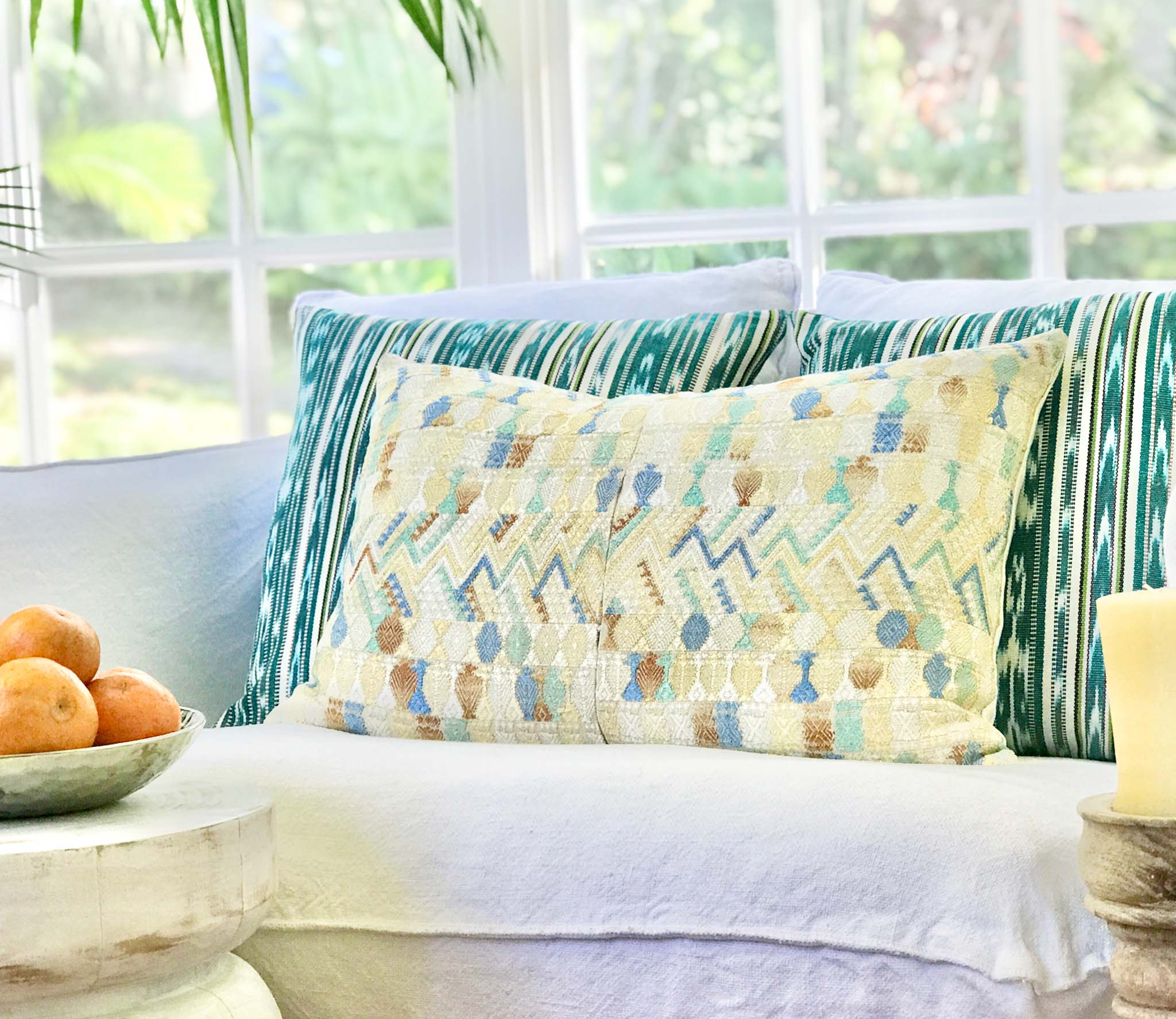 Guatemalan embroidered huipil pillow. Geometric chevron design in bold fuchsia