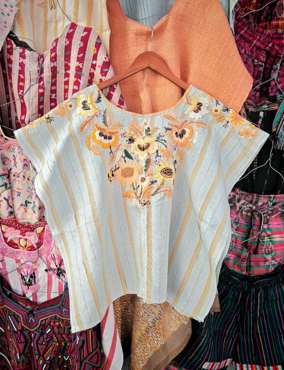 Coral and blue Santiago huipil #2-112