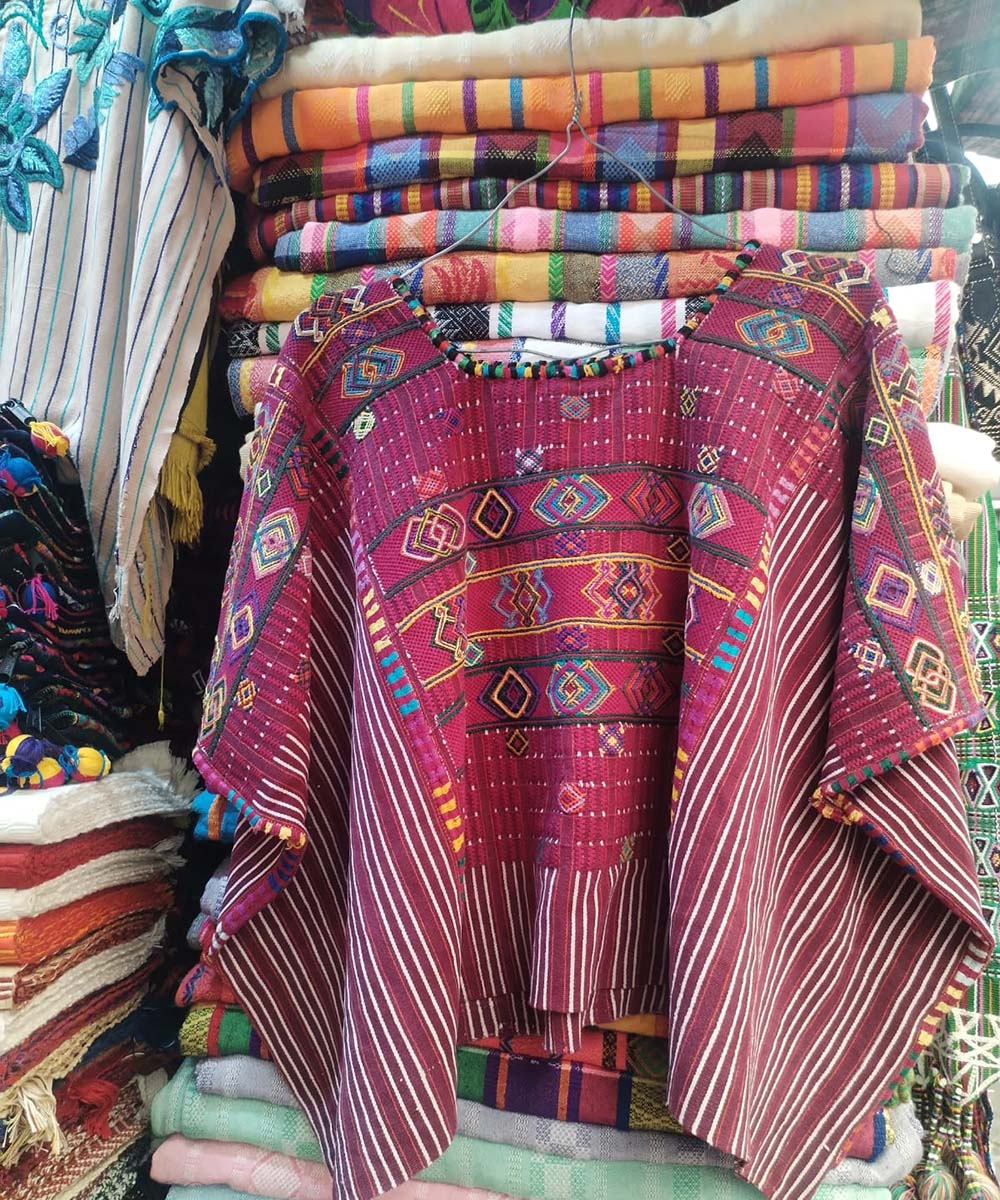 Burgundy Colotenango huipil with colourful neckline