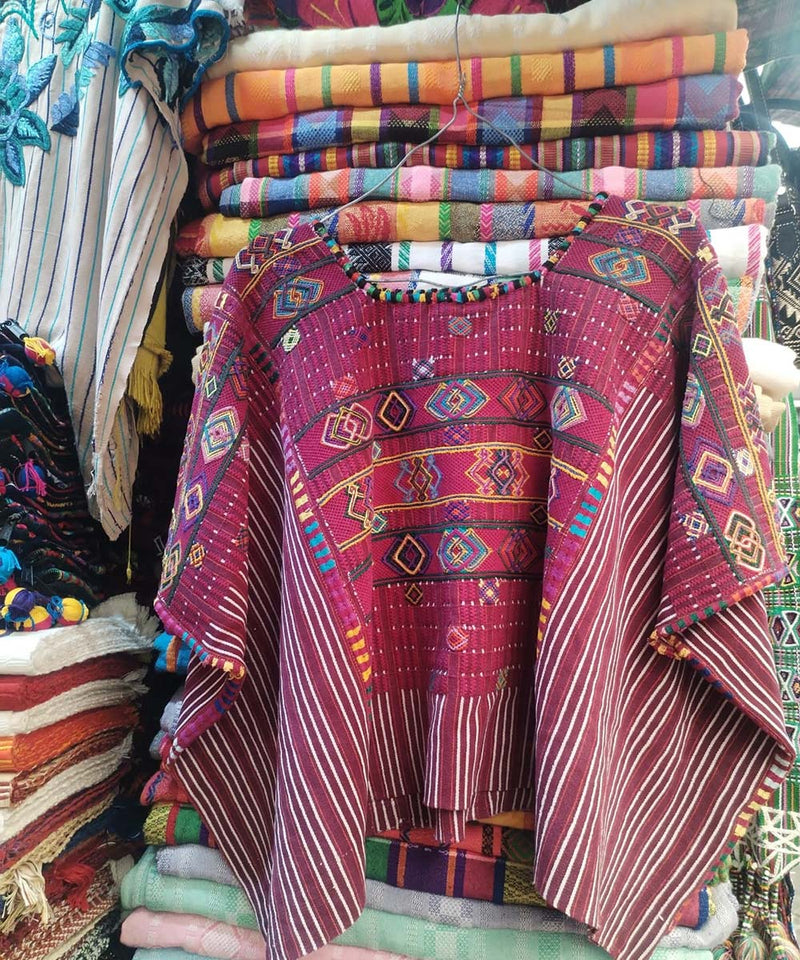 Burgundy Colotenango huipil with colourful neckline