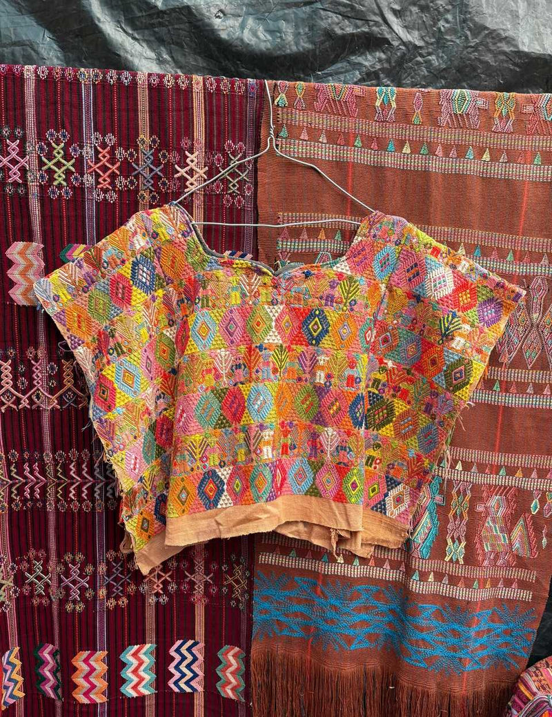 Colourful on coral Coban huipil #5-393