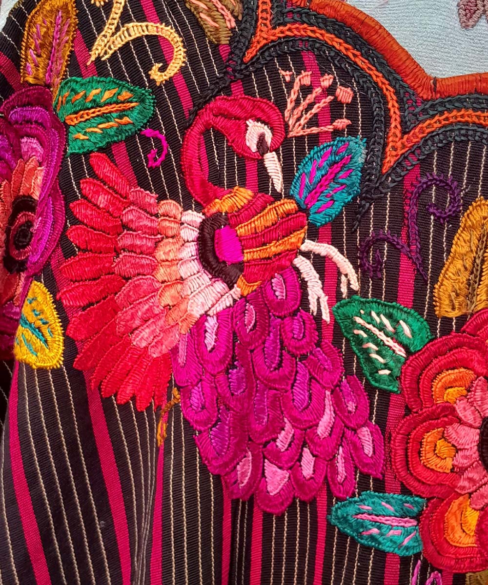 Dramatic striped Chichi huipil with peacocks