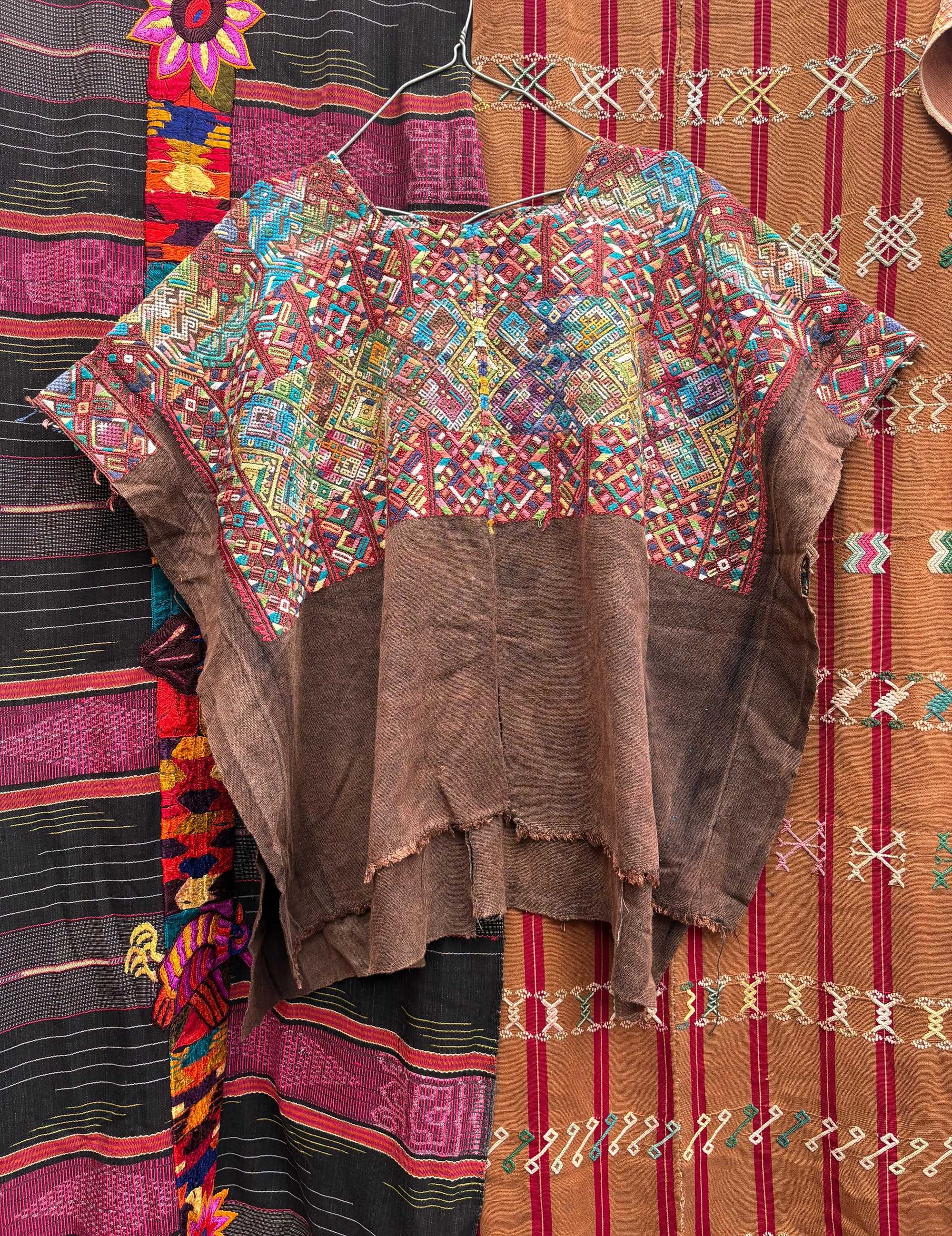 Red and blue on brown Nahuala huipil #4-218