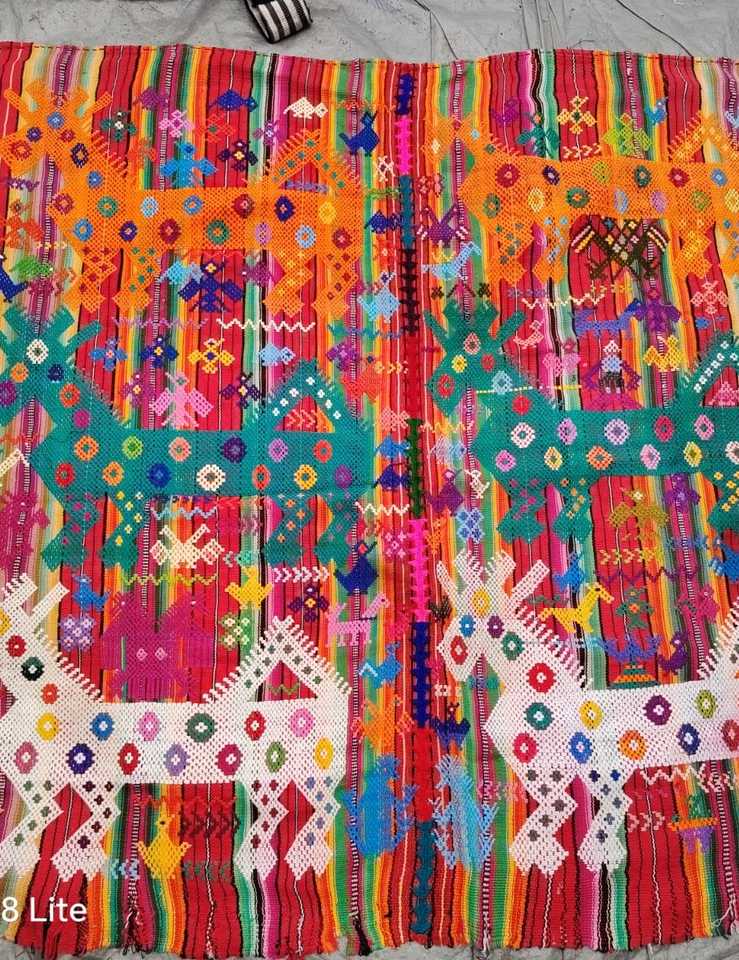 Colourful horses on red stripes Chichicastenango tzute #5-27