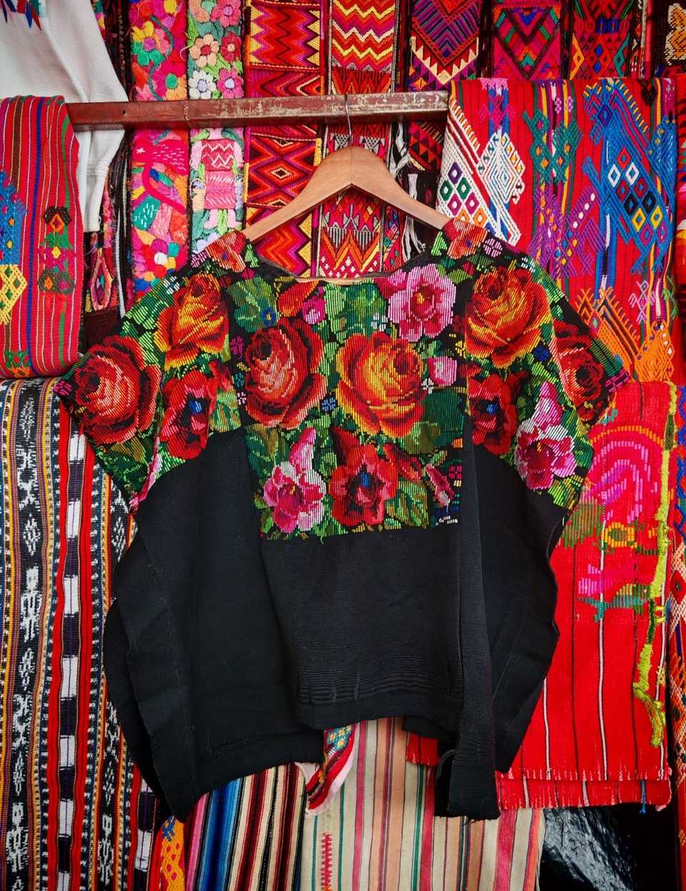 Old fashioned roses Chichicastenango huipil #6-99