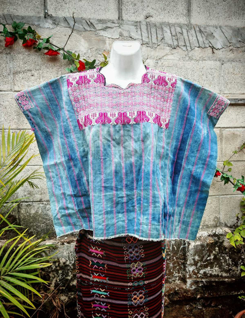 Faded indigo with pink Nahuala huipil #4-137