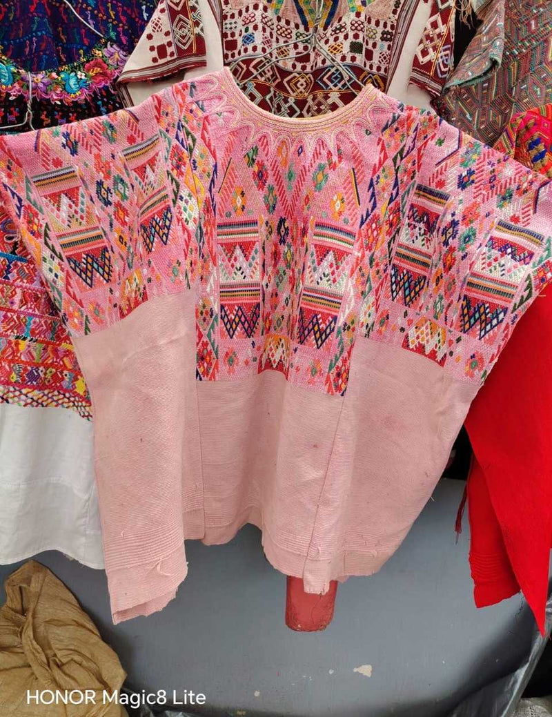 Colourful on pink abstract Chichicastenango huipil #6-111