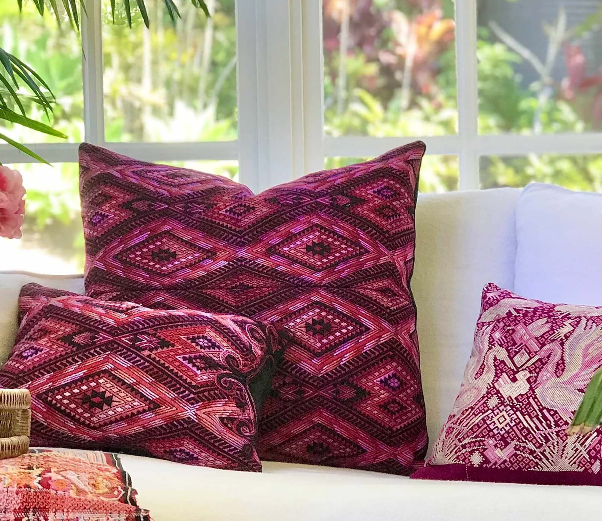Guatemalan embroidered huipil pillow. Geometric chevron design in bold fuchsia