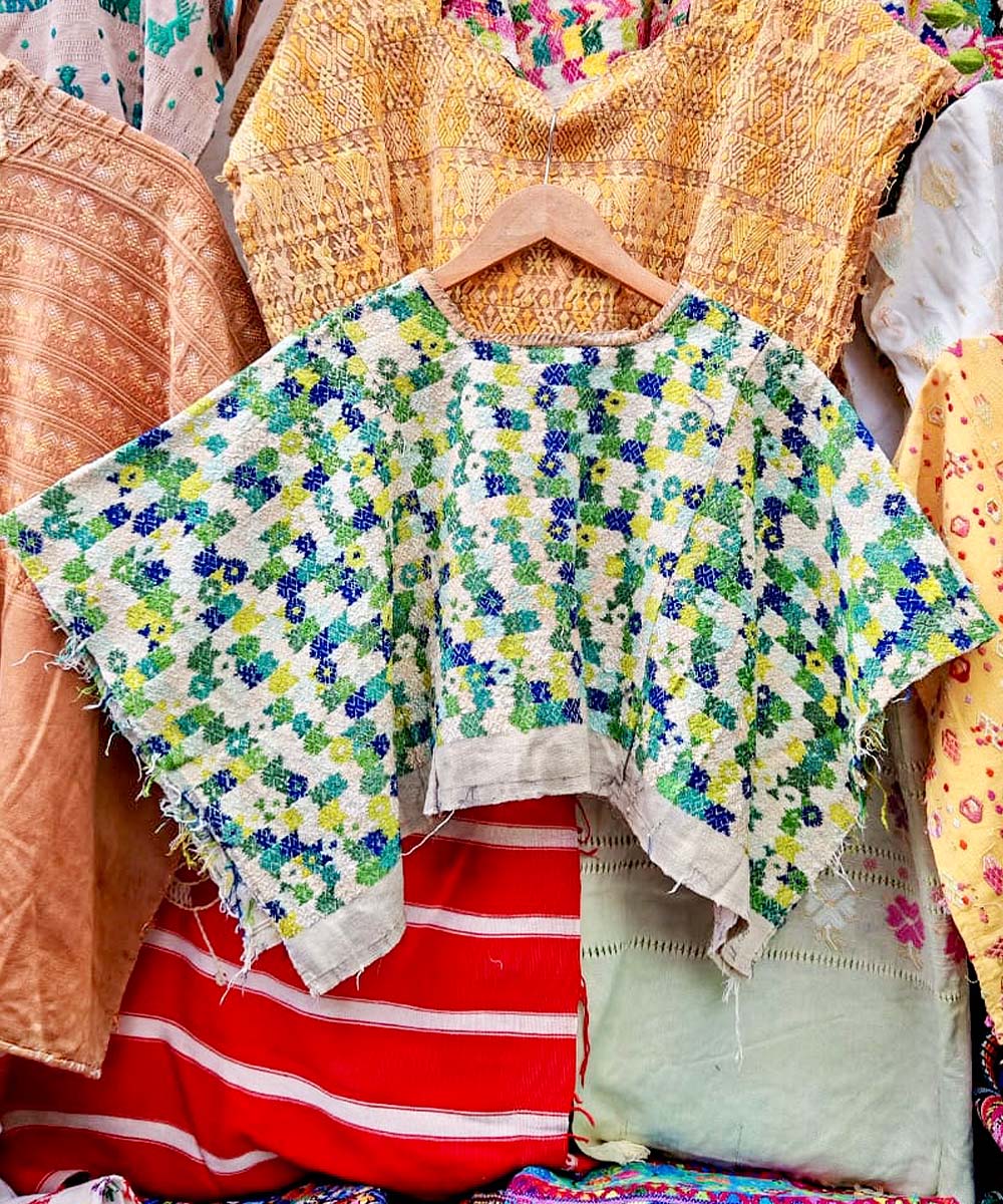 Green blue and white Coban huipil