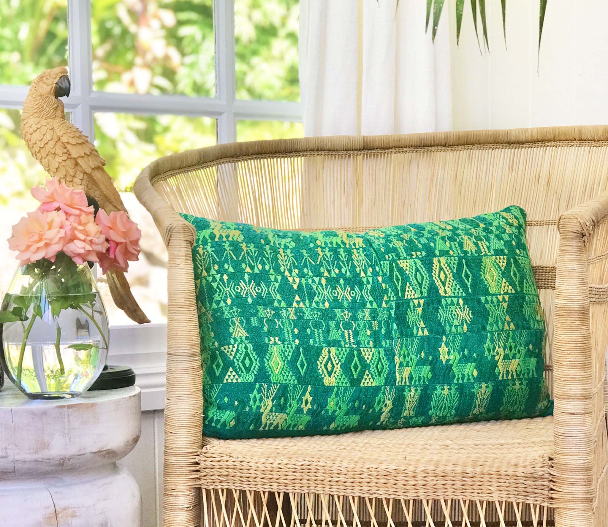 Guatemalan embroidered huipil pillow. Green Coban.