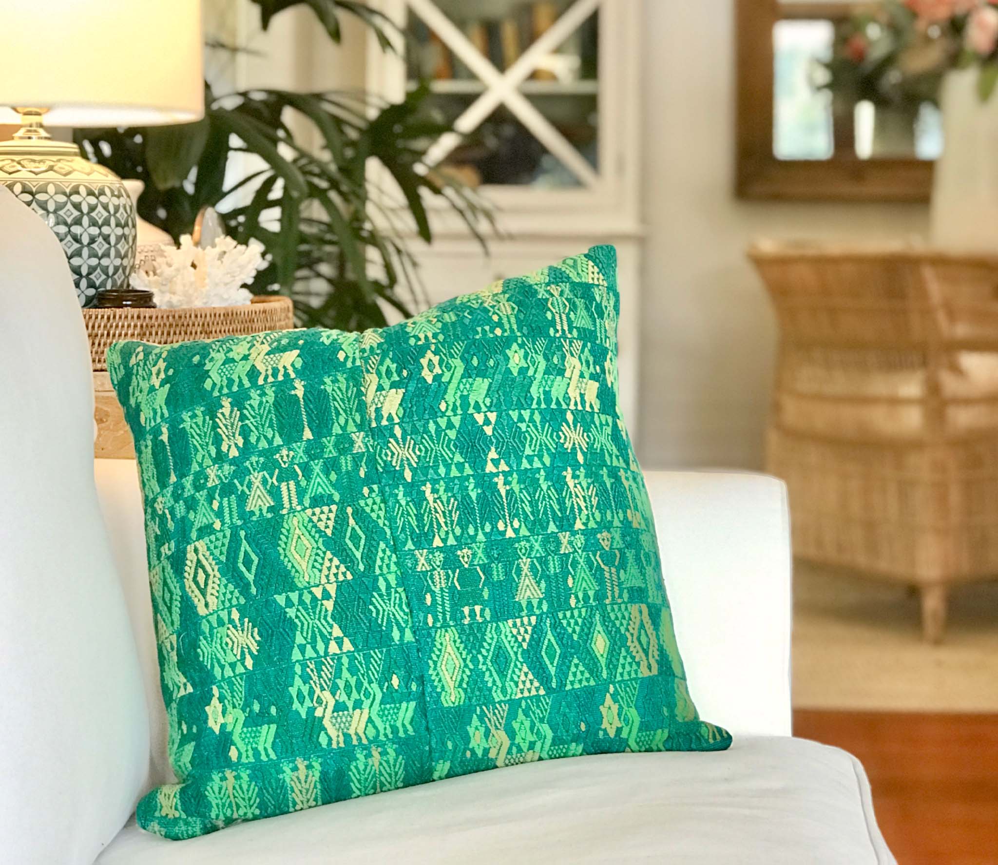 Vintage textile cushions made from a Guatemalan huipil and corte.