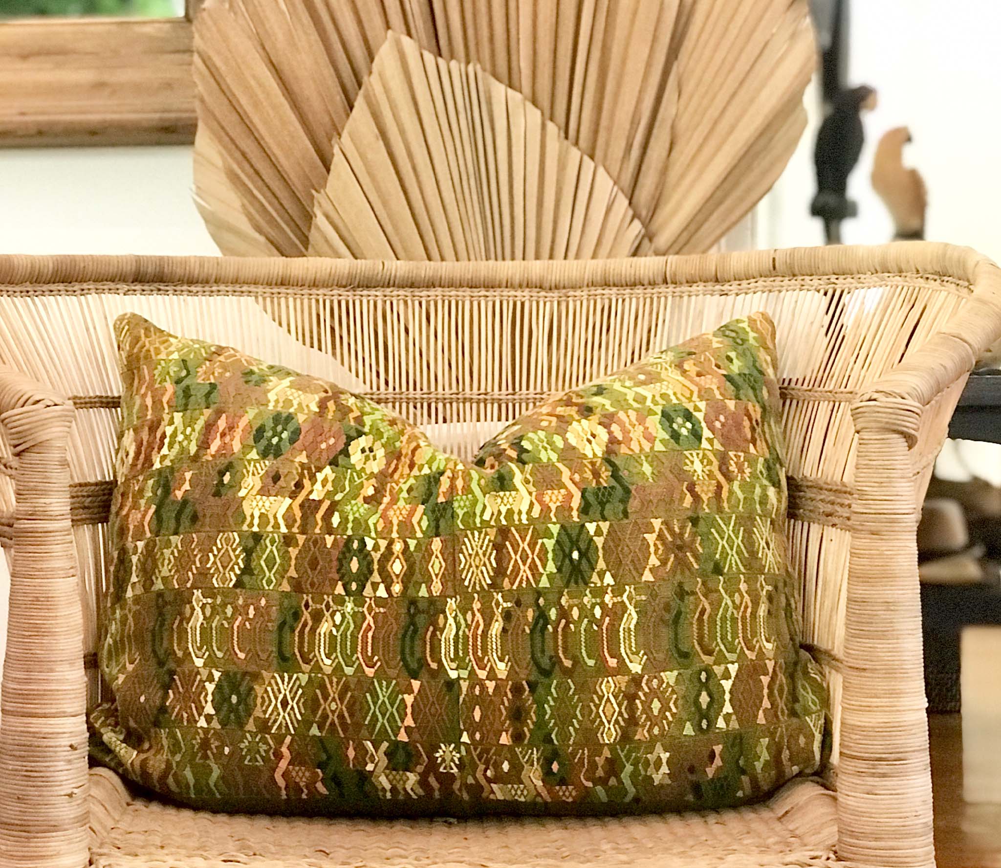 Guatemalan embroidered huipil pillow. Tribal symbols for bohemian decor.