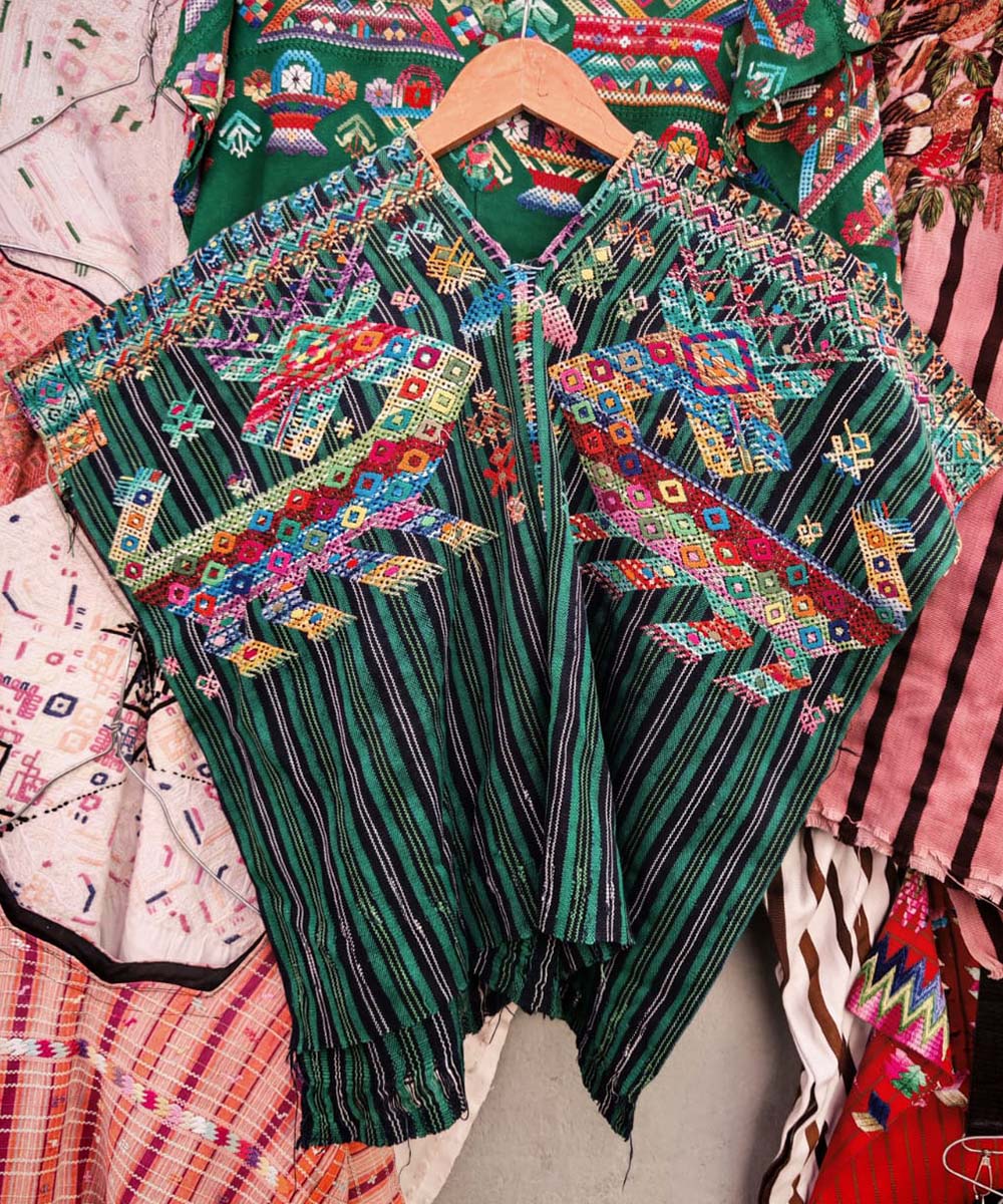 Striped green Nahuala huipil with deer